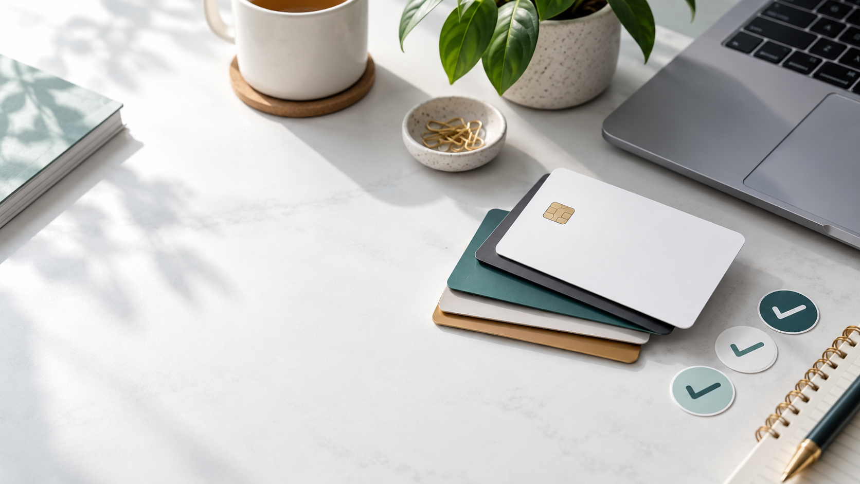 Organized membership cards and verification marks on a clean desk
